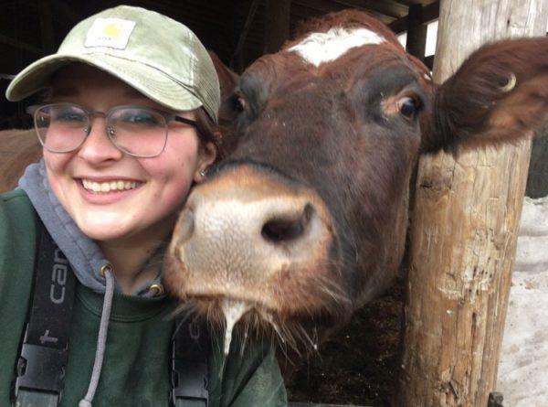 Alumni Tara Reid with a cow